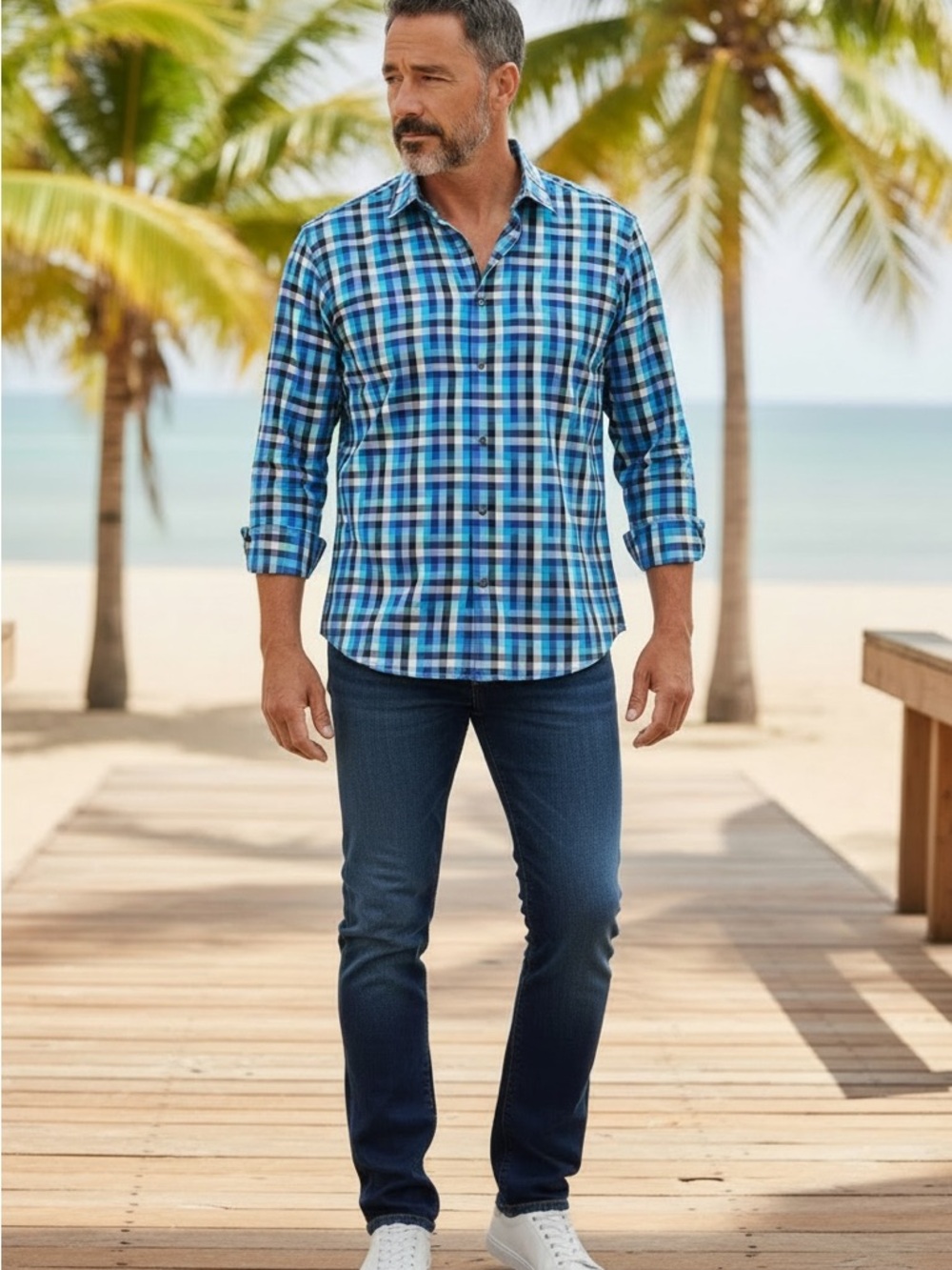 Bugatchi Shaped Fit Long Sleeve Shirt Blue Plaid Sport Cotton Sz Large NWT $149